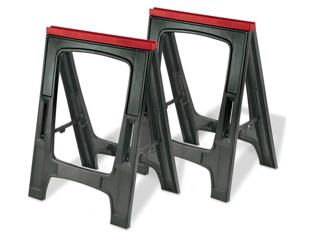 Na obrazie widoczne są dwie czarne kobyłki warsztatowe z czerwonymi elementami na górze. Kobyłki mają prostokątny kształt z otwartą przestrzenią w środku.