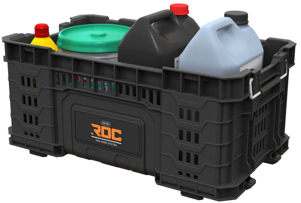 Kosz narzędziowy KETER ROC Pro Gear 1.0 kosz na białym tle wewnątrz butelki pojemność około 33,8 litra przemyślane wymiary wewnętrzne 51 × 28,5 × 24 cm zmniejsza ryzyko zgubienia drobnych elementów pozwala szybciej odnaleźć potrzebne akcesoria