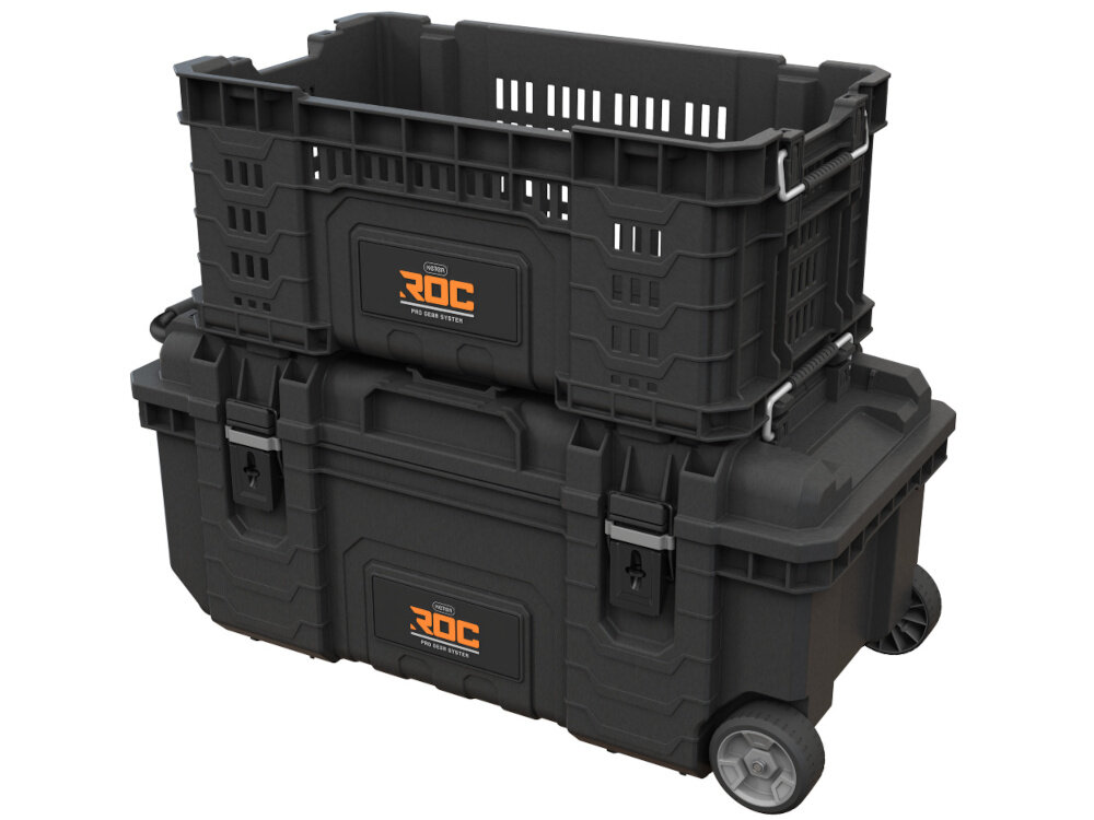 Kosz narzędziowy KETER ROC Pro Gear 1.0 kosz ustawiony na skrzynce narzędziowej białe tło kompatybilny z systemami KETER Pro Gear 1.0 oraz ROC Pro Gear 2.0 dopasowanie do posiadanego zestawu przechowywania można rozbudowywać swoją przestrzeń roboczą zwiększa funkcjonalność całego systemu ułatwia utrzymanie porządku braku możliwości łączenia z modułami połówkowymi