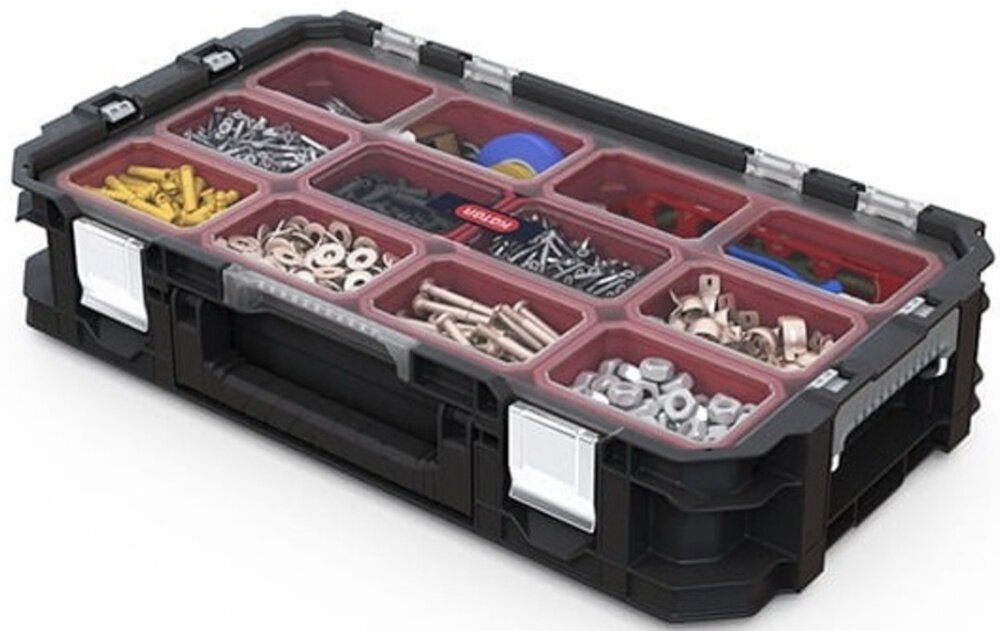 Organizer KETER Connect otwarty organizer leży na białym tle wnętrze wypełnione akcesoriami metalowe zatrzaski z zapadką charakterystyczne „kliknięcie” waga około 2,17 kg wymiary 540 x 302 x 114 mm ergonomiczny uchwyt