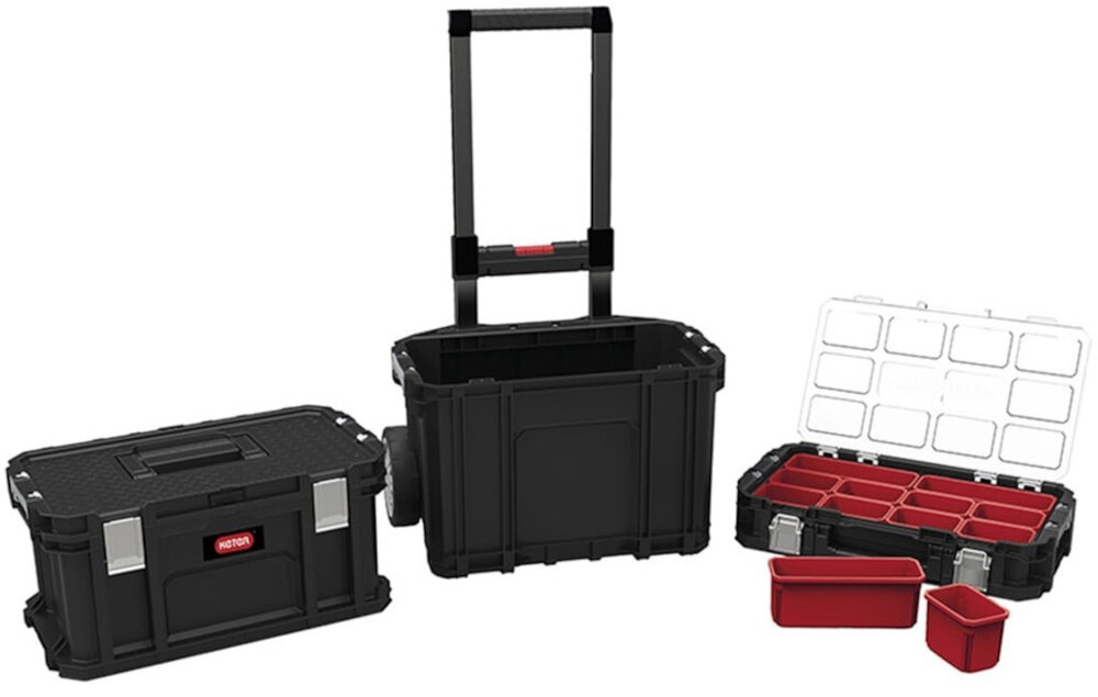 Organizer KETER Connect białe tło oraganizer i dwie skrzynki kompatybilny z systemem KETER Connect łączenie go z innymi skrzynkami tworzenie spójnego systemu przechowywania i transportu zamknięcie na klips większa kontrola nad organizacją sprzętu i lepsze wykorzystanie przestrzeni roboczej