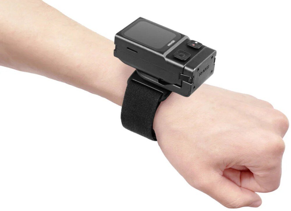 Opaska na nadgarstek HOVERAIR Beacon Wrist Strap Przedramię z założonym na nadgarstek czarnym kontrolerem z ekranem i przyciskami, zastosowanie, regulacja