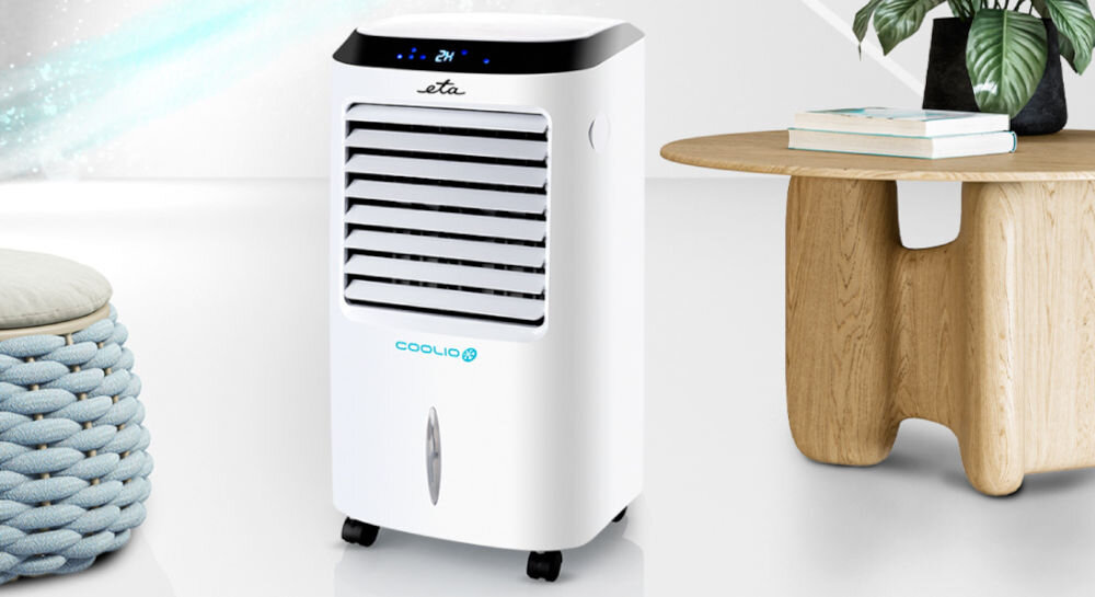 Klimator ETA Coolio 0568 90000 ochładza nawilża oczyszcza powietrze funkcja klasycznegowentylatora jonizacja poprawa jakości powietrza korzystny wpływ na samopoczucie użytkowników chłodzi dba o zdrowie i komfort użytkowników 