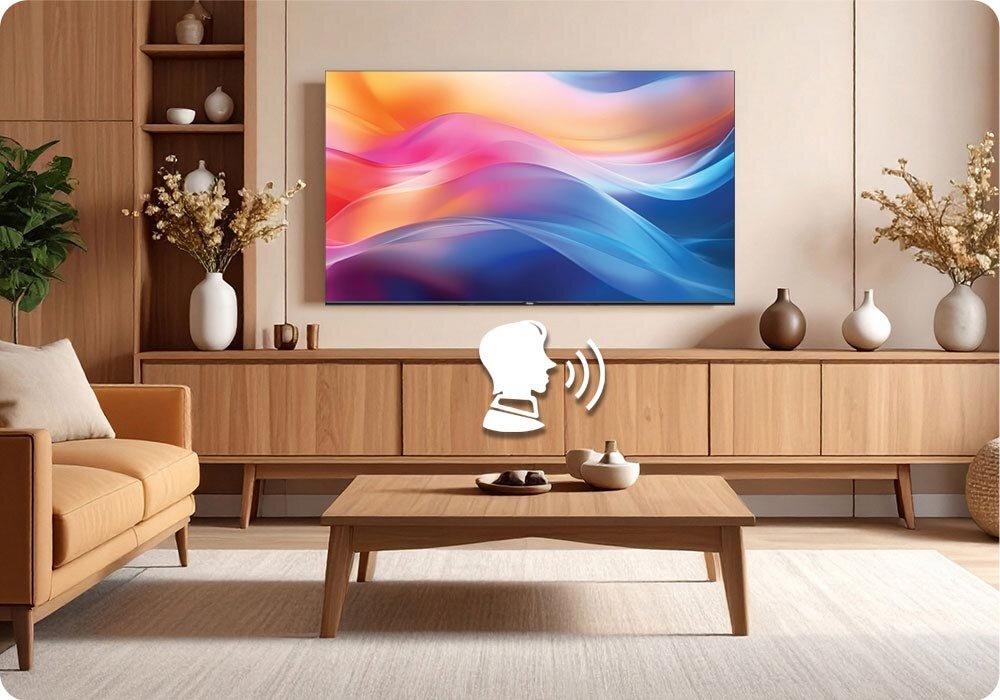 Telewizor HAIER H55S80FUX 55 QLED 4K 120Hz VRR Google TV HDMI 2.1 telewizor wiszący w minimalistycznym salonie na srodku ikona symbolizująca sterowanie głosowe