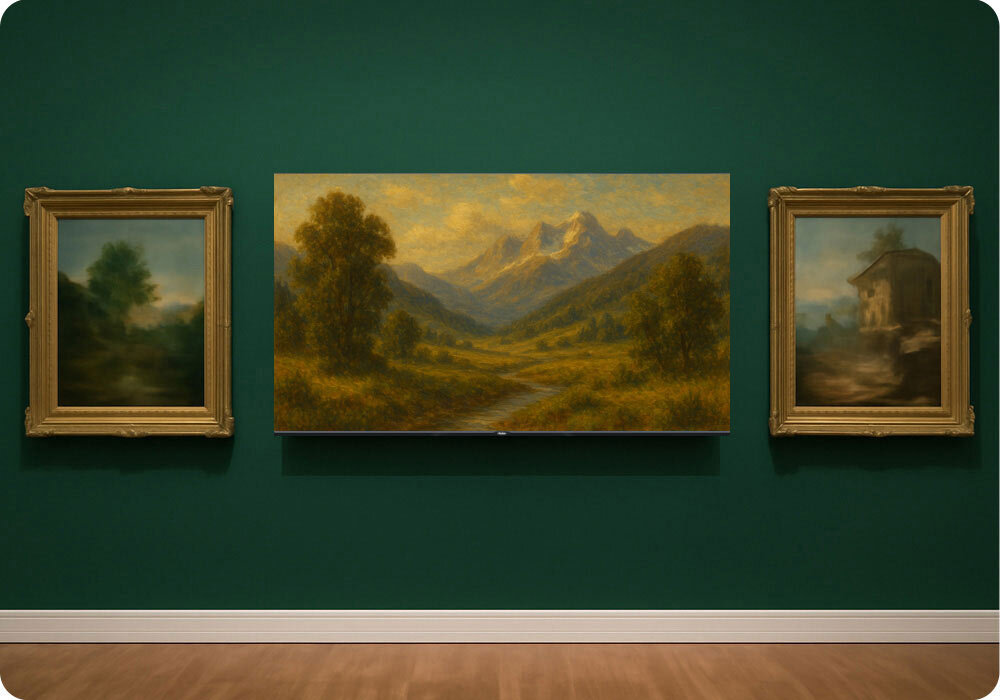 Telewizor HAIER H75S80FUX 75 QLED 4K 120Hz VRR Google TV HDMI 2.1 wiszący na ścienie obok obrazów w ramach