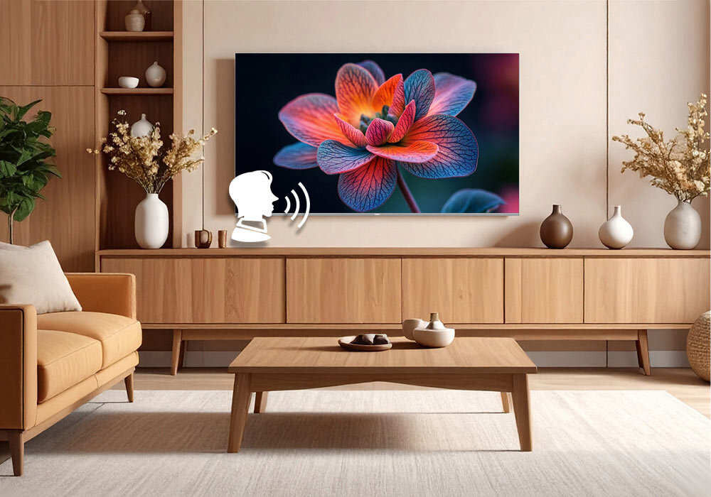 HAIER H75M90EUX Zintegrowany Asystent Google prostych komend głosowych bez potrzeby używania pilota - telewizor w salonie