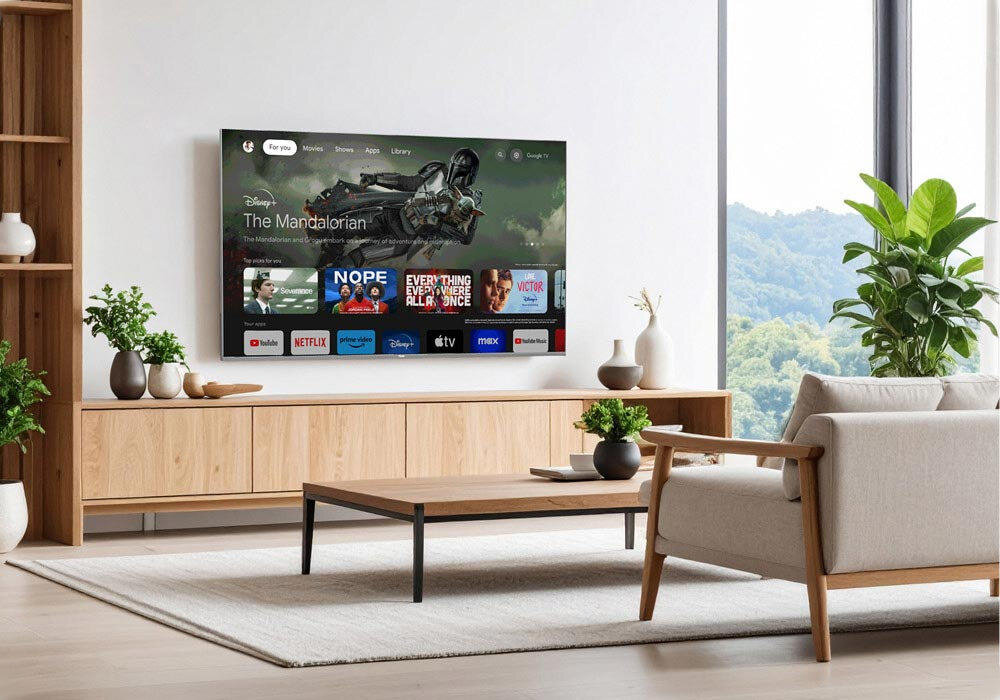HAIER H75M90EUX algorytmom sztucznej inteligencji Google TV zaproponować filmy i seriale 10 000 aplikacji w Google Play Store - telewizor wiszący na ścianie