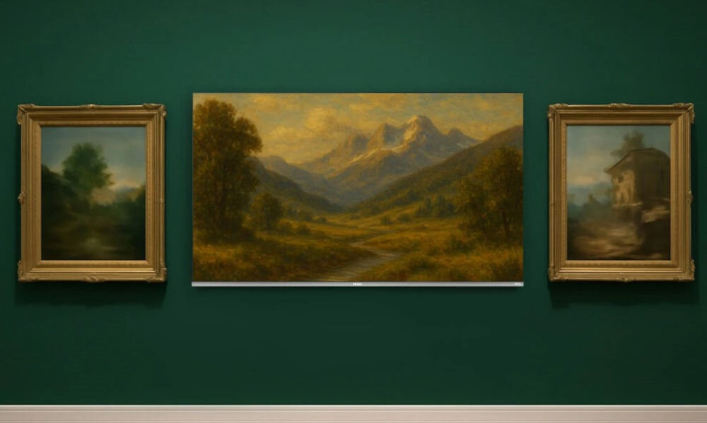 Telewizor HAIER H65Q80FUX bezramkowy, elegancki design, stylowa aranżacja, subtelna forma, telewizor wiszący pomiędzy obrazami