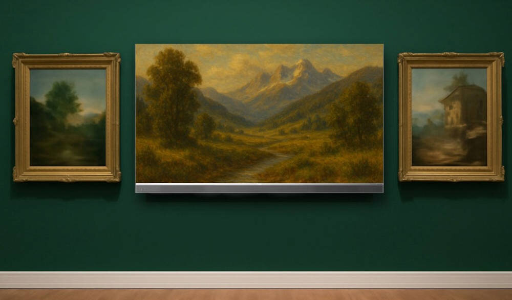 Telewizor HAIER H65M95EUX bezramkowa konstrukcja smukły design, telewizor zawieszony na ścianie pomiędzy obrazami