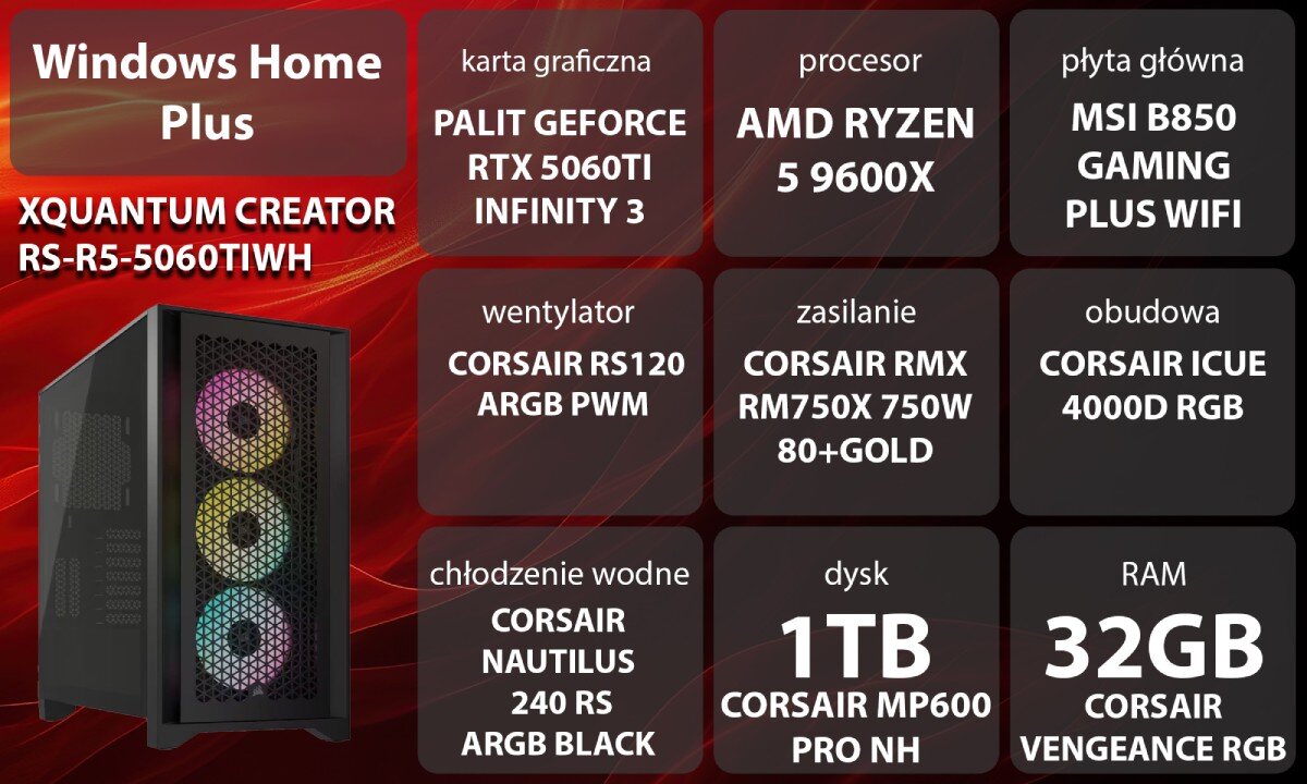 Komputer XQUANTUM Creator GeForce RTX Studio RS-R5-5060TIWH Zestawienie parametrów komputera z obudową z trzema wentylatorami ARGB widoczną po lewej stronie, opis