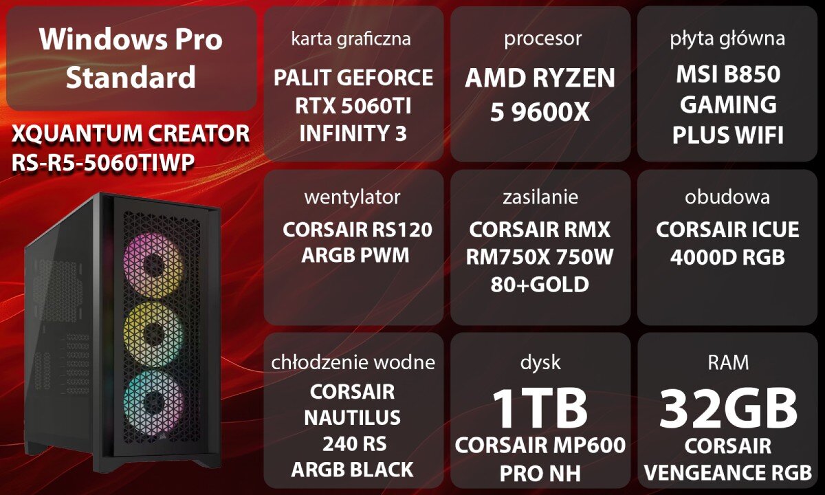 Komputer XQUANTUM Creator GeForce RTX Studio RS-R5-5060TIWP Zestawienie parametrów komputera z obudową z trzema wentylatorami ARGB widoczną po lewej stronie, opis