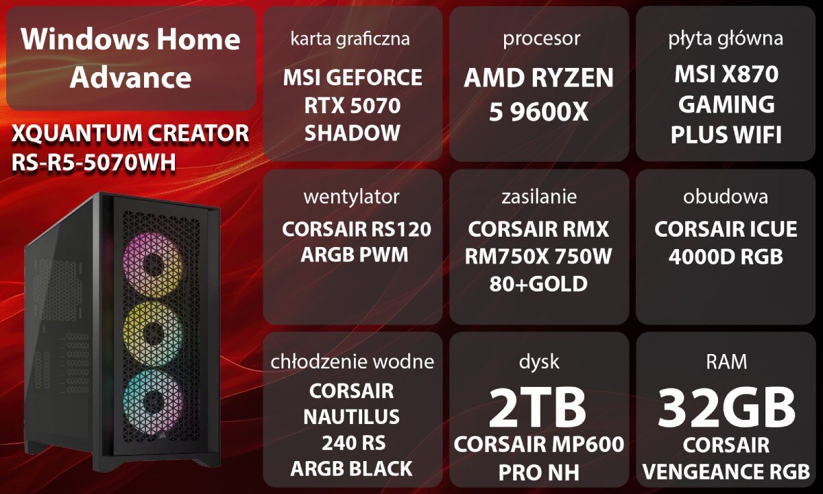 Komputer XQUANTUM Creator GeForce RTX Studio RS-R5-5070WH Zestawienie parametrów komputera z obudową z trzema wentylatorami ARGB widoczną po lewej stronie, opis