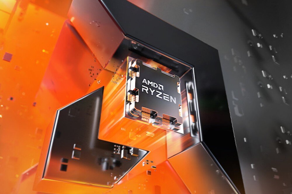 Komputer XQUANTUM Creator GeForce RTX Studio RS-R5-5070WH Układ scalony z napisem 'AMD Ryzen' osadzony w futurystycznej grafice z motywem pomarańczowego światła i unoszących się detali elektronicznych, procesor, rdzenie, architektura, szybkość