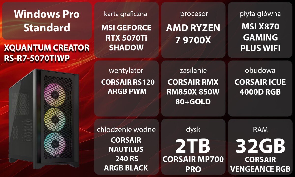Komputer XQUANTUM Creator GeForce RTX Studio RS-R7-5070TIWP Zestawienie parametrów komputera z obudową z trzema wentylatorami ARGB widoczną po lewej stronie, opis