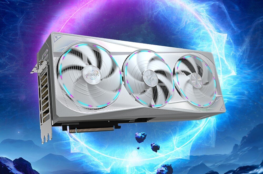 Komputer MAD DOG GeForce RTX5080 DLSS 4 Reflex Edition 2 Powered by Gigabyte C500-ICE-A03DR32 Karta graficzna na tle kosmicznej sceny, z efektami świetlnymi podkreślającymi jej gamingowy charakter, karta graficzna, wydajność, rdzenie CUDA, wentylatory, tryby