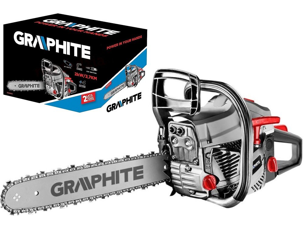 Na obrazie widoczna jest piła spalinowa z napisem \'GRAPHITE\' na prowadnicy oraz opakowanie z grafiką piły i tekstem \'GRAPHITE POWER IN YOUR HANDS 2kW/2.7KM\'.