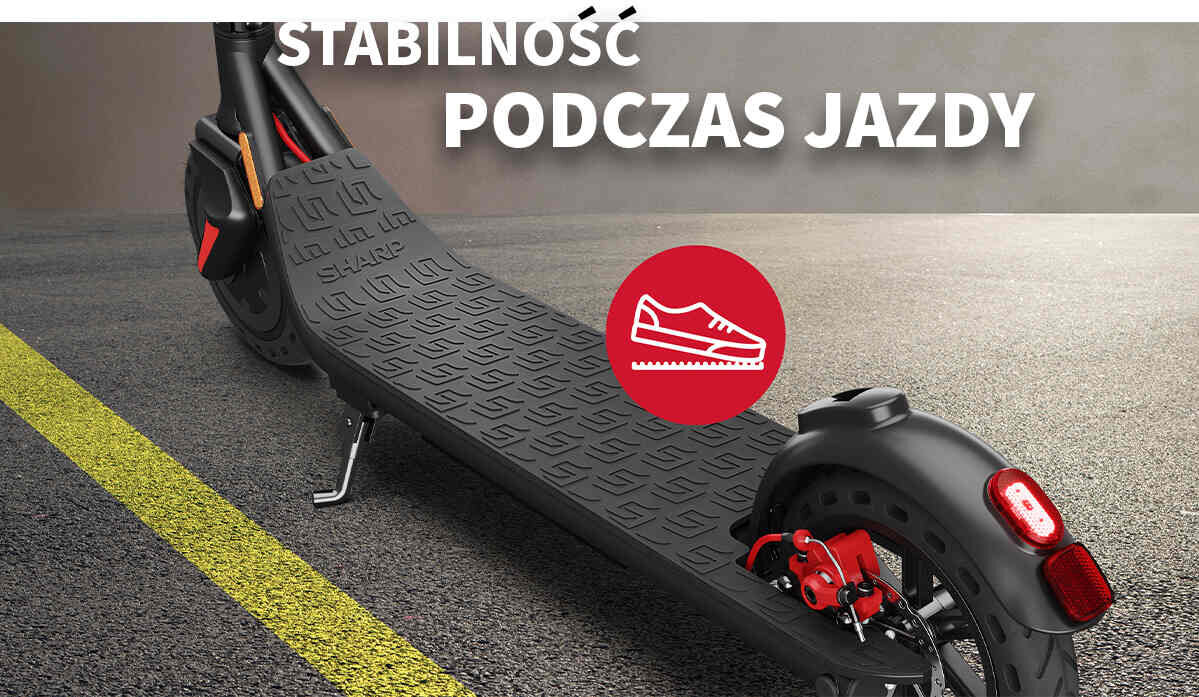 Hulajnoga elektryczna SHARP KS3CEU-B Czarny ładowanie żywotność baterii akumulator Maksymalna prędkość wyświetlacz Podłącz smartfona uchwyt na telefon Szeroki podest mata antypoślizgowa podświetlenie