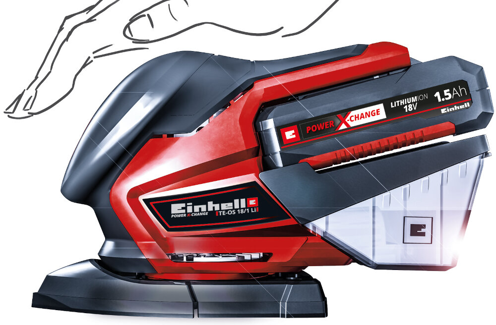 Szlifierka oscylacyjna EINHELL TE-OS 18-150 Li 4460708 uchwyt ergonomiczny duzy miekka powloka typu SoftGrip pewne chwyt