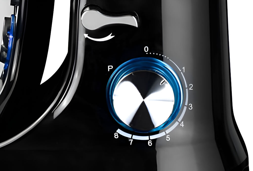 Robot kuchenny planetarny KOLIBER Robomax X-2400-W 2400W Czarny stylowy design niebieskie podświetlenie LED przyjemna praca trwała obudowa z tworzywa długotrwałe użytkowanie dostępny z pełnym wyposażeniem stalowa misa z osłoną trzy matalowe końcówki niezawodność trwałość 