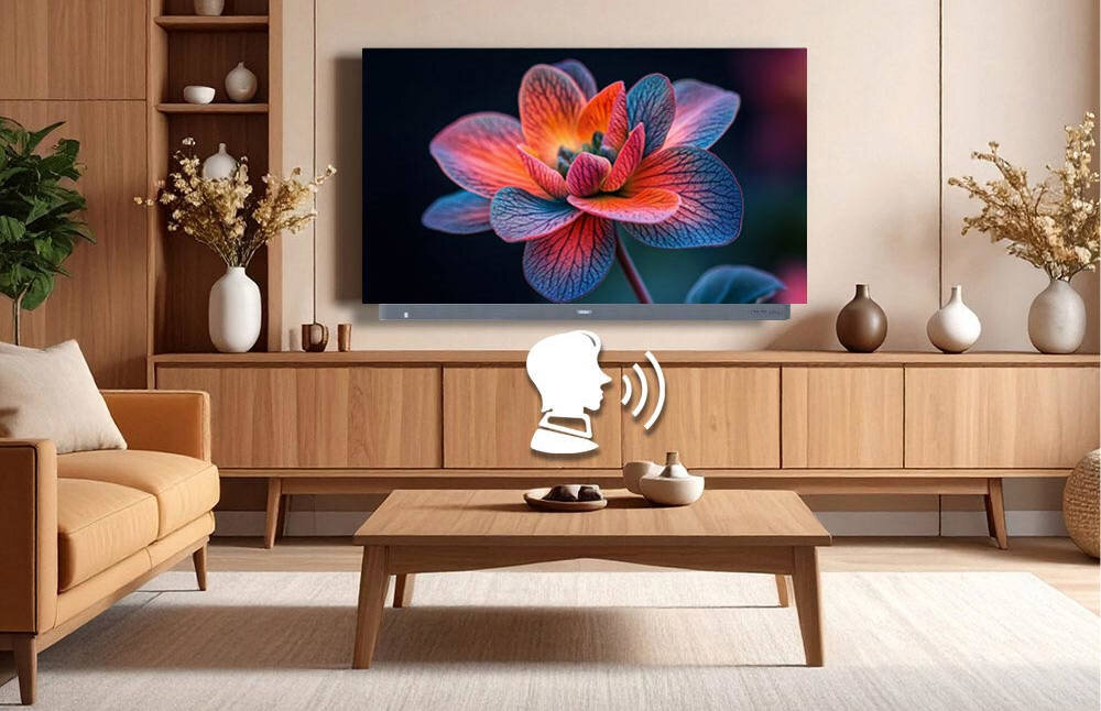 HAIER H65C95EUX Zintegrowany Asystent Google prostych komend głosowych bez potrzeby używania pilota - telewizor w salonie