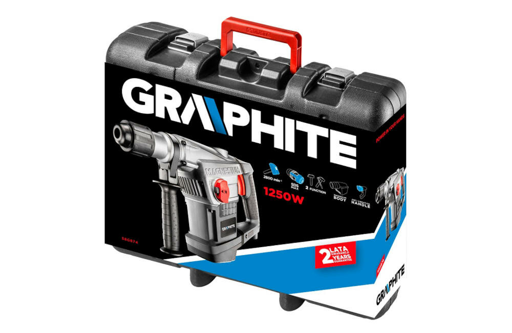 GRAPHITE-58G874-SDS-MAX funkcjonalność sprzęgło przeciążeniowe wiertło system antywibracyjny materiał antypoślizgowy obudowa włącznik kontrolka otwór walizka