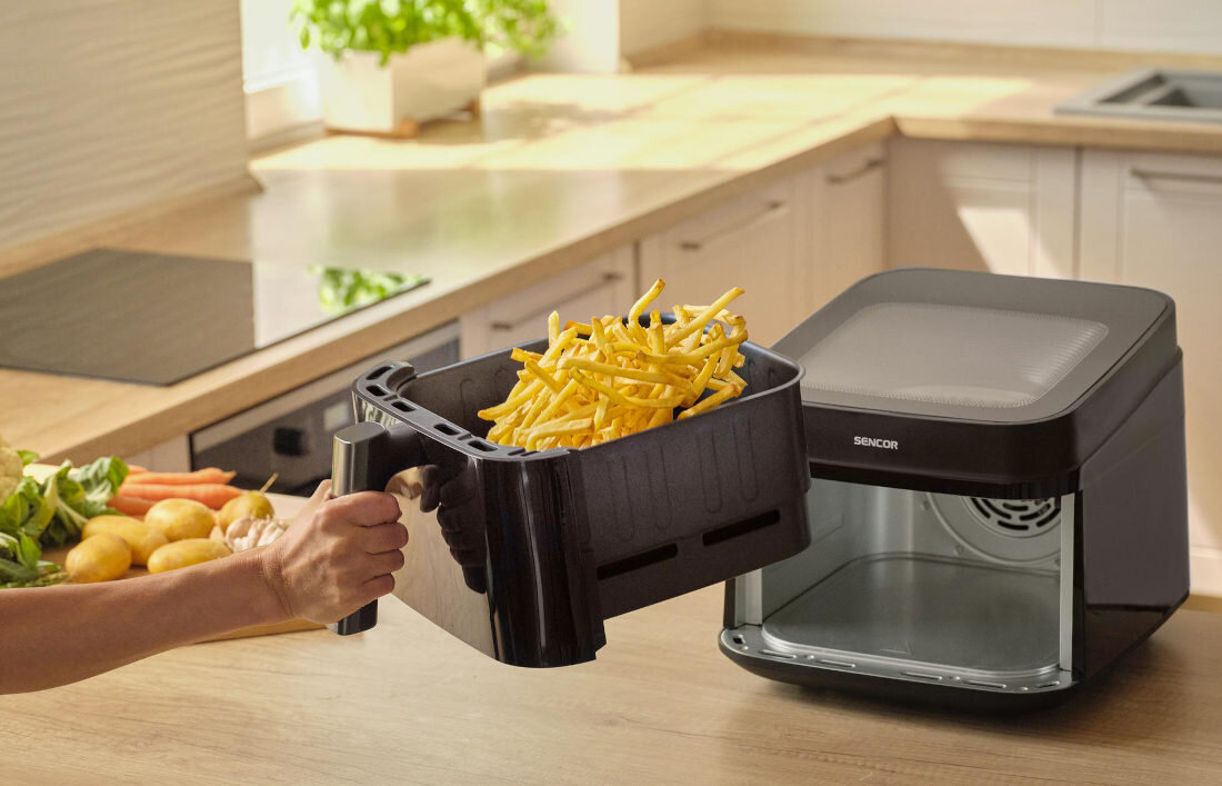 Air Fryer Frytkownica beztłuszczowa SENCOR SFR 6900BK 6.5l z 12 automatycznymi programami i okienkiem do obserwacji postępów Przestrzeń dla całej rodziny posiłki dla kilku osób jednocześnie czas organizacja gotowanie wygodne rozwiązanie