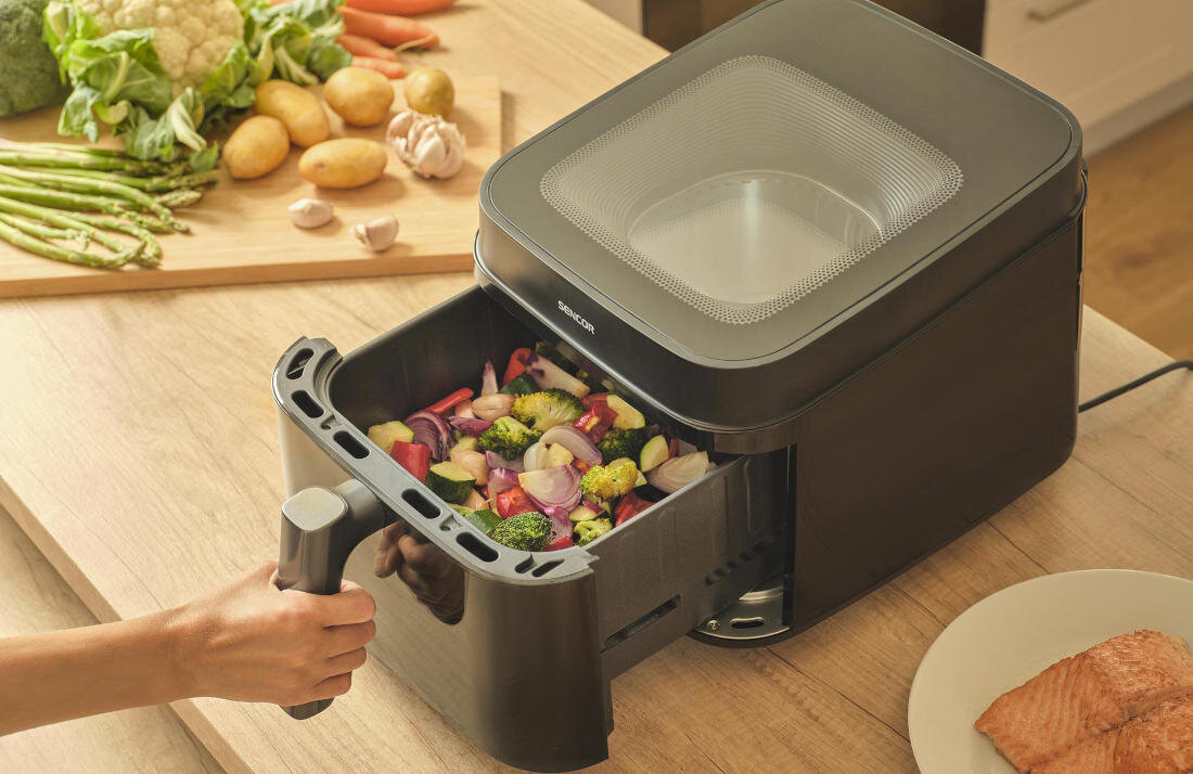 Air Fryer Frytkownica beztłuszczowa SENCOR SFR 6900BK 6.5l z 12 automatycznymi programami i okienkiem do obserwacji postępów Gotowanie z minimalnym wysiłkiem 60-minutowy timer z automatycznym wyłączaniem funkcja SHAKE przypomnienie