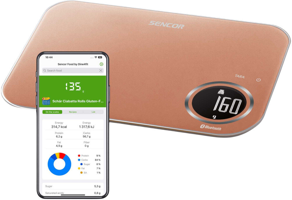 Waga kuchenna SENCOR SKS 7176GD Szybkie połączenie Bluetooth Łatwe parowanie z telefonem dla Polski i innych krajów regionu ważyć produkty na bieżąco tworzyć listy składników planowanie