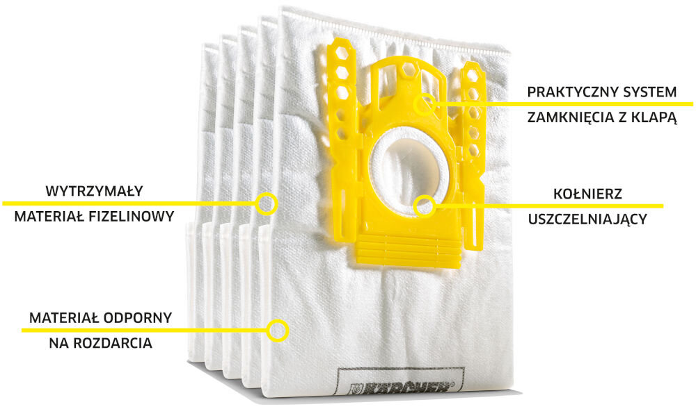 Worek do odkurzacza KARCHER 6.904-329.0 (5 sztuk) odporność na rozdarcia filtracja pyłków grube zanieczyszenia wilgotne zanieczyszczenia