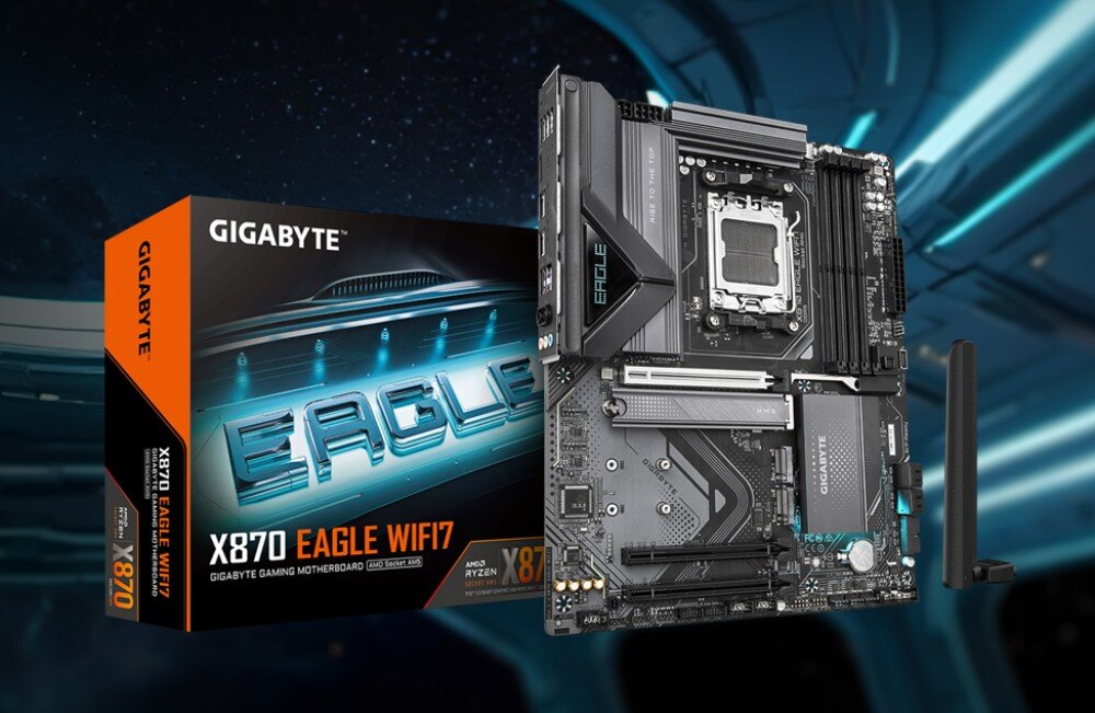Komputer MAD DOG GeForce RTX5090 DLSS 4 Reflex Edition 2 Powered by Gigabyte C500-A05DR32 Płyta główna z podstawką procesora i czterema gniazdami pamięci RAM, ustawioną pionowo obok kolorowego pudełka z napisem 'Eagle' i oznaczeniem 'X870 WiFi7', na tle futurystycznego wnętrza statku kosmicznego, kompatybilność, wsparcie, układ zasilania