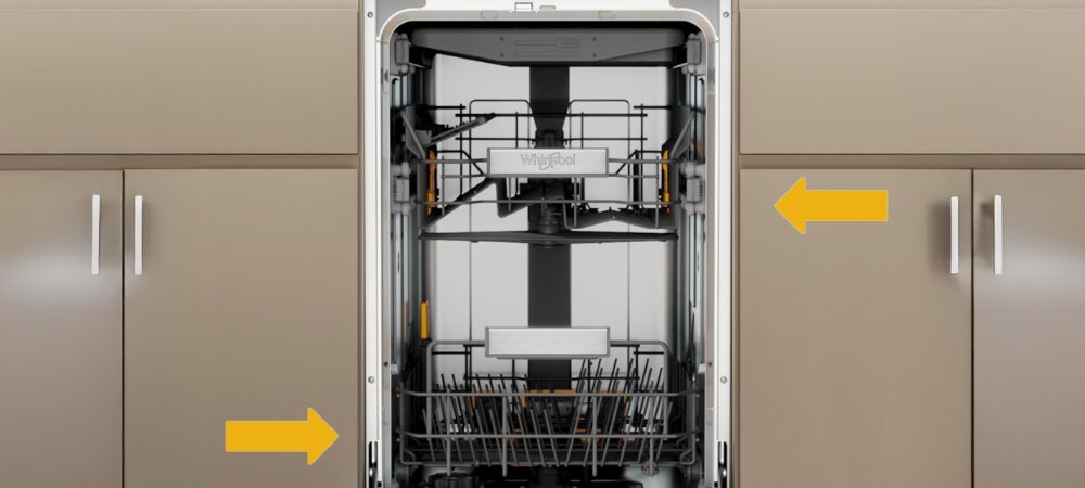 ZMYWARKA WHIRLPOOL WSBO3O34PFX wizualizacja lifestyle front otwarta wnętrze puste kosze strefy strzałki Zmywanie w wybranym obszarze Multizone automatyczne dopasowanie parametrów oszczędności mycie jednego kosza strefa wybór