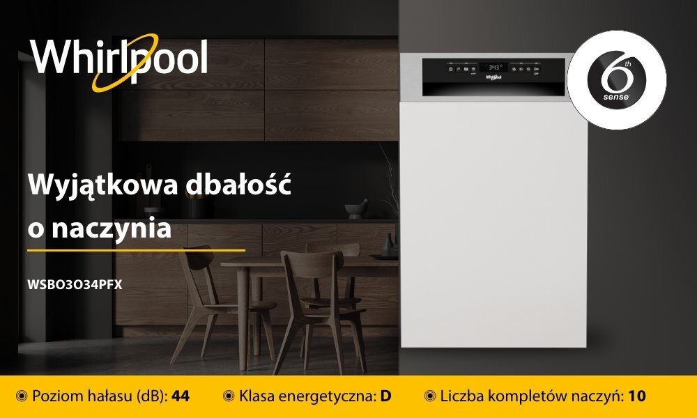 Obraz przedstawia zmywarkę Whirlpool z panelem sterowania, obok której znajduje się napis \'Wyjątkowa dbałość o naczynia\'. Na dole widoczne są informacje: Poziom hałasu (dB): 44, Klasa energetyczna: D, Liczba kompletów naczyń: 10.