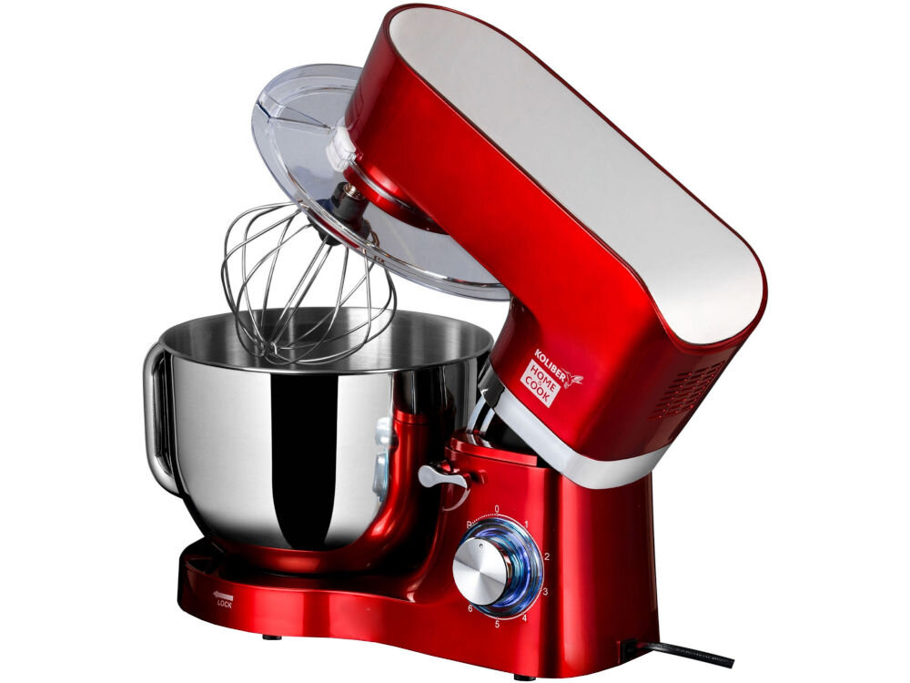 Czerwony robot kuchenny z metalową misą i trzepaczką. Na obudowie widoczne jest logo \'KOLIBER Home Cook\'.