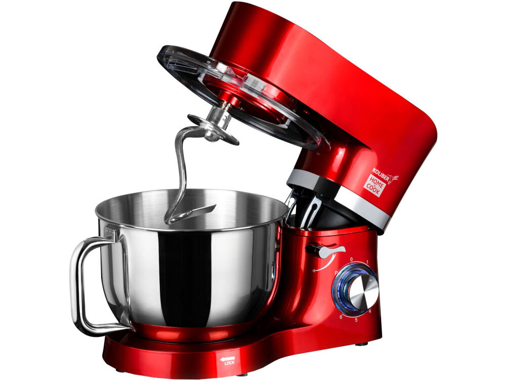 Czerwony robot kuchenny z metalową misą i hakiem do mieszania. Na obudowie widoczne jest logo \'KOLIBER HOME COOK\'.
