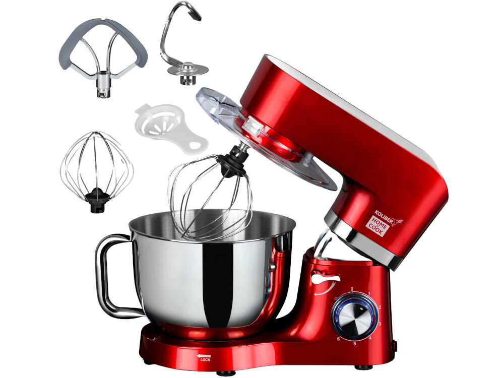 Czerwony robot kuchenny planetarny z metalową misą i różnymi końcówkami do mieszania. Na obudowie widoczne jest logo \'KOLIBER HOME COOK\'.