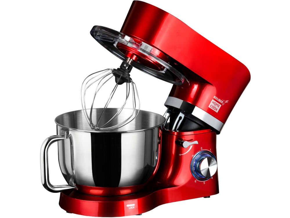 Czerwony robot kuchenny z metalową misą i trzepaczką, posiada pokrętło z oznaczeniami od 0 do 6. Na obudowie widoczne jest logo \'KOLIBER HOME COOK\'.