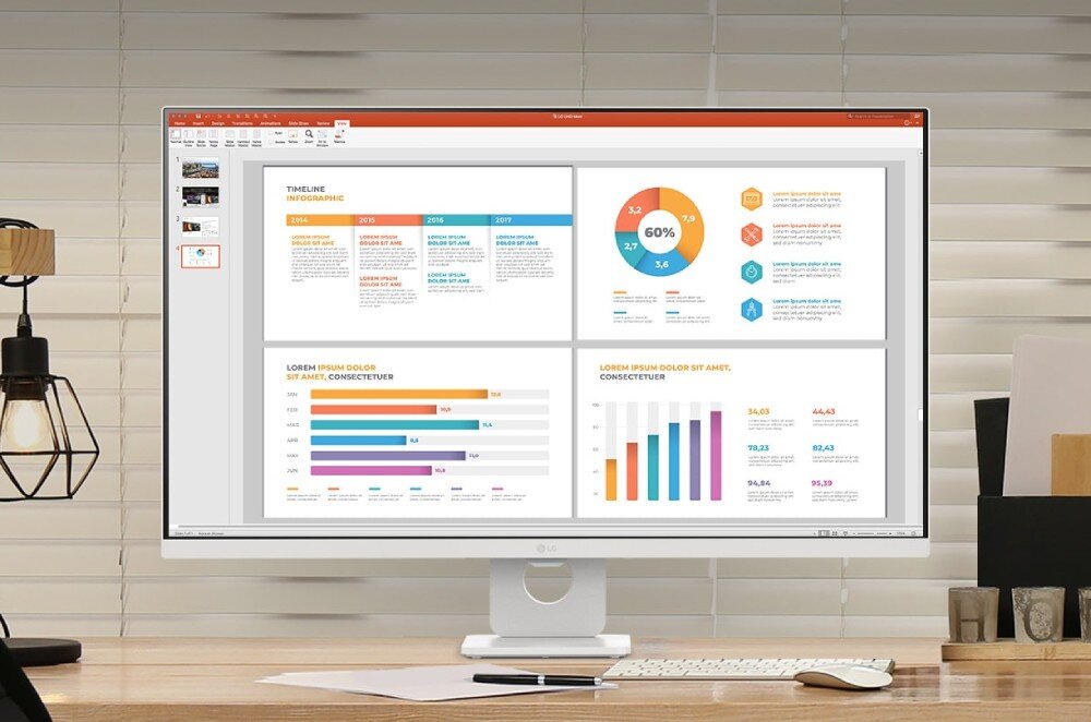 Monitor LG Smart 32U721SA-W.AEU Monitor na biurku wyświetlający program do prezentacji z wykresami i infografikami, opis