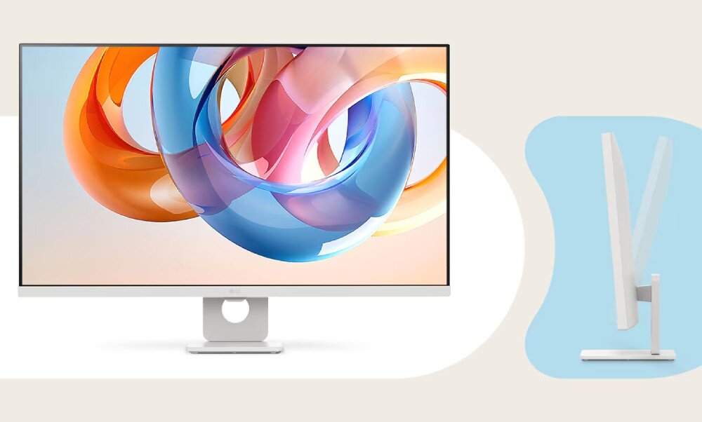 Monitor LG Smart 32U721SA-W.AEU Biały monitor z cienkimi ramkami, z boku widoczna grafika pokazująca możliwość regulacji pochylenia ekranu, obudowa, wygląd, ramka, regulacja pochylenia