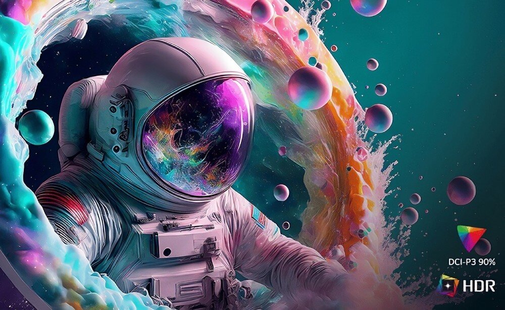 Monitor LG Smart 32U721SA-W.AEU Grafika przedstawiająca astronautę w hełmie, otoczonego kolorowymi bąbelkami, z logo DCI-P3 90% i HDR w rogu obrazu, obraz, jakość, kolory