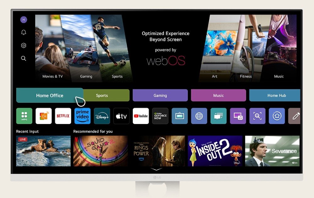Monitor LG Smart 32U721SA-W.AEU Ekran monitora z interfejsem webOS, z kursorem na kategorii 'Home Office' i widocznymi ikonami aplikacji, takimi jak Netflix, YouTube i Prime Video, system, aplikacje, głośniki