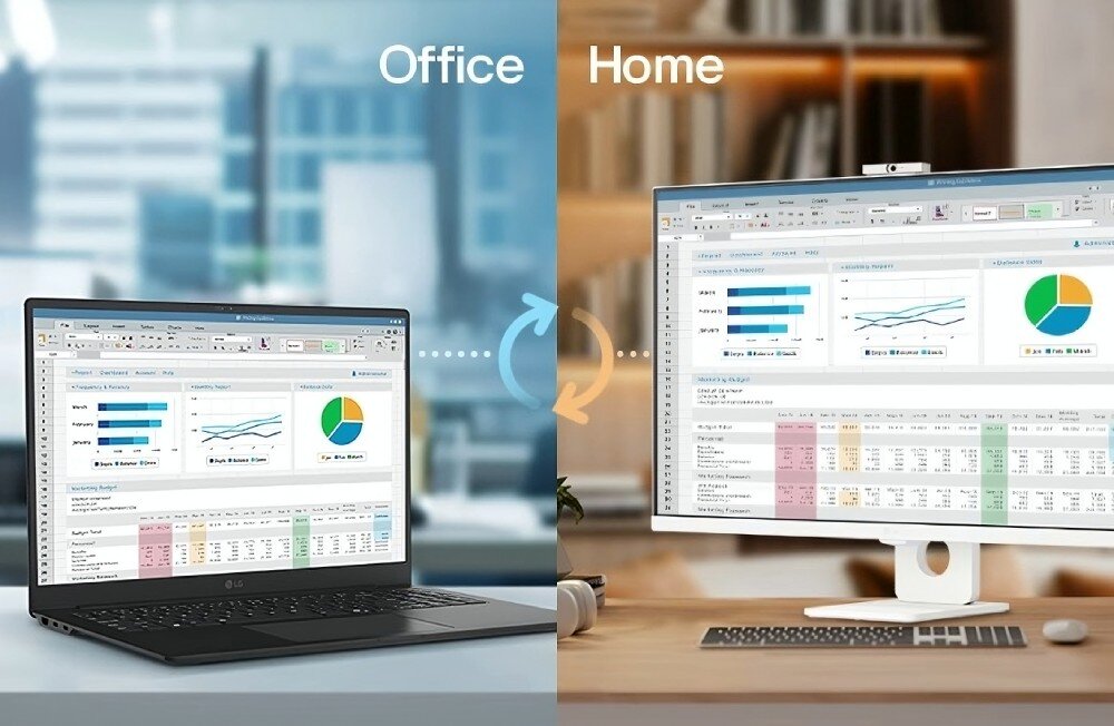 Monitor LG Smart 32U721SA-W.AEU Podzielony obraz: po lewej laptop z arkuszem kalkulacyjnym w biurze, po prawej ten sam arkusz na monitorze w domu, ze strzałkami symbolizującymi przełączanie, zdalny dostęp, usługi chmurowe