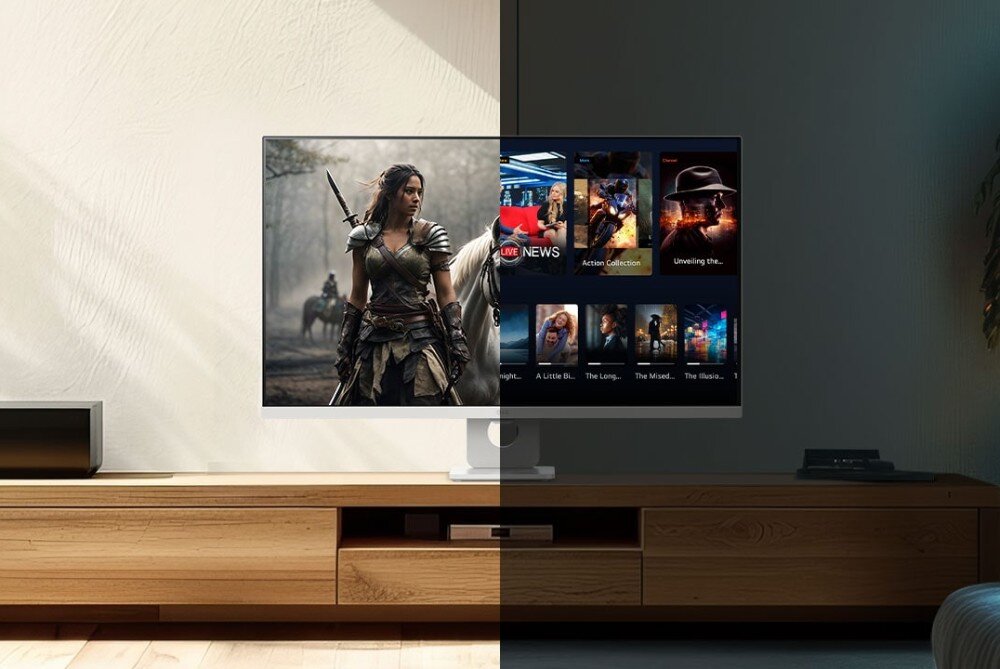 Monitor LG Smart 32U721SA-W.AEU Monitor stojący na szafce RTV, z ekranem podzielonym na dwie części: po lewej kobieta-wojowniczka na koniu, po prawej menu z filmami i serialami, automatyczna regulacja jasności, optymalizacja obrazu