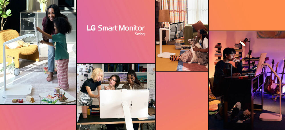 Monitor LG Smart 32U889SA-W.AEU 31.5 cala 3840x2160px IPS prezentacja monitora podczas użytkowania kolorowe kwadraty z gradientem LG Smart Monitor, ekran dotykowy, 31,5 cala, mobilność
