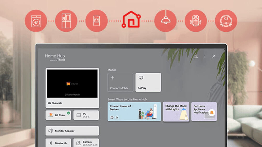 Monitor LG Smart 32U889SA-W.AEU 31.5 cala 3840x2160px IPS pokazany pulpit ThinQ Home nad nim ikony ThinQ Home, sterowanie głosowe, pilot Magic, Smart Home