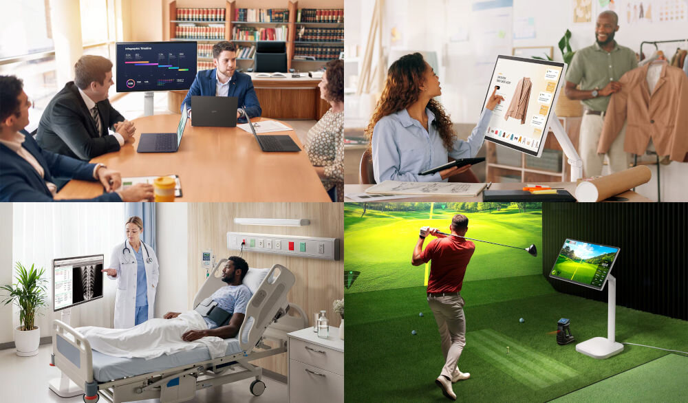 Monitor LG Smart 32U889SA-W.AEU 31.5 cala 3840x2160px IPS pokazanie możliwych przykładowych zastosowań monitora w biznesie monitor biznesowy, edukacja zdalna, retail, prezentacje