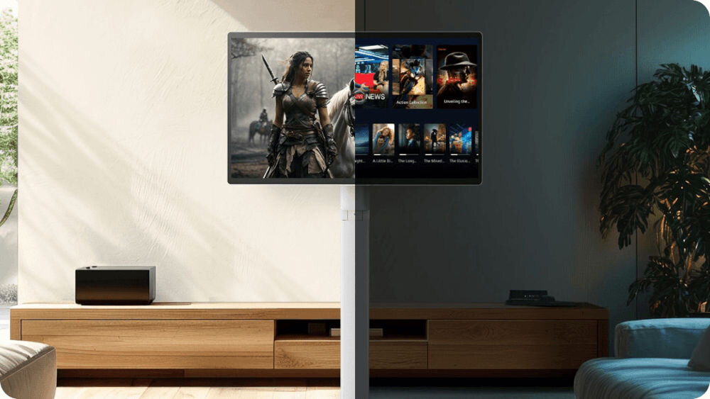 Monitor LG Smart 32U889SA-W.AEU 31.5 cala 3840x2160px IPS stojący monitor w pokoju podzielony na pół jedna strona ciemna druga oświetlona automatyczna jasność, Dynamic Tone Mapping, HDR, jakość obrazu