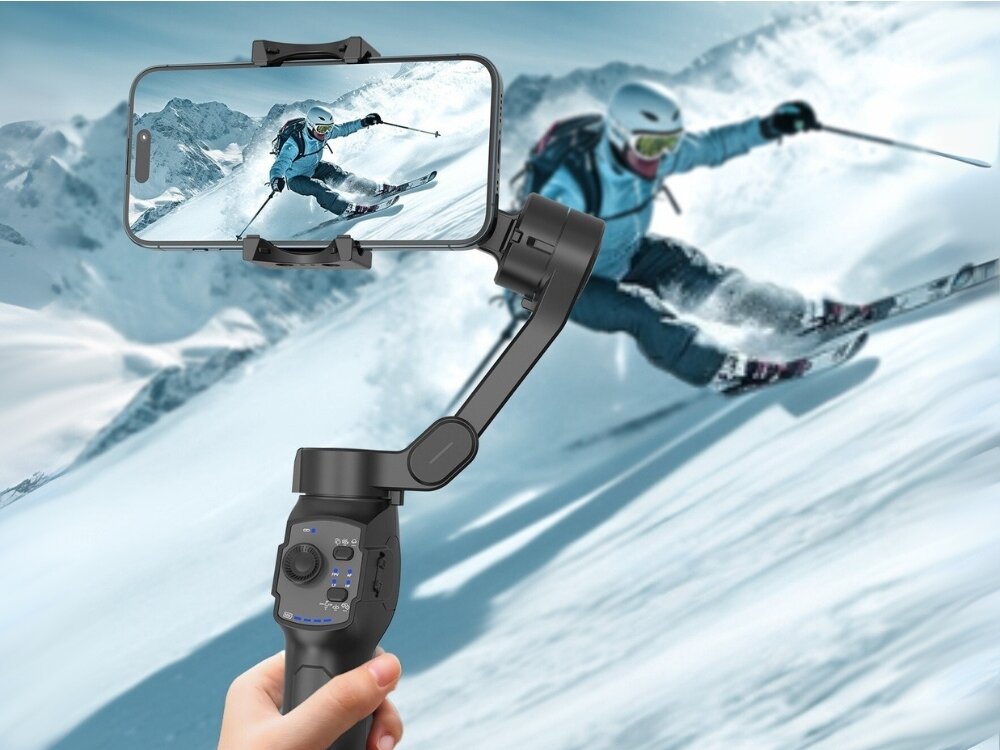 Gimbal MAJESTICLINE AJ Axis AI
stabilizator w dłoni z przymocowanym telefonem nagrywający narciarza gimbal uchwyt stabilizacja nagrywanie zdjęcia śledzenie twarzy