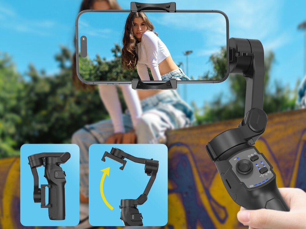 Gimbal MAJESTICLINE AJ Axis AI
stabilizator w dłoni z przymocowanym telefonem robiący zdjęcie składany mechanizm mieści się w torbie zmiana orientacji telefonu