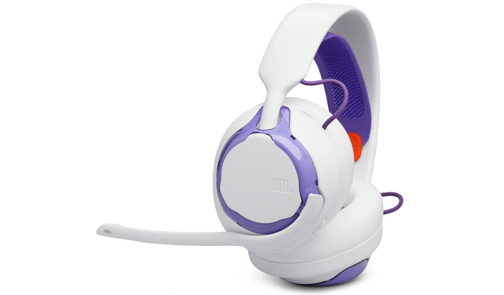 Słuchawki JBL Quantum 250 wymienne elementy kabel 1,5 m odłączany mikrofon trwałość, słuchawki z boku na białym tle