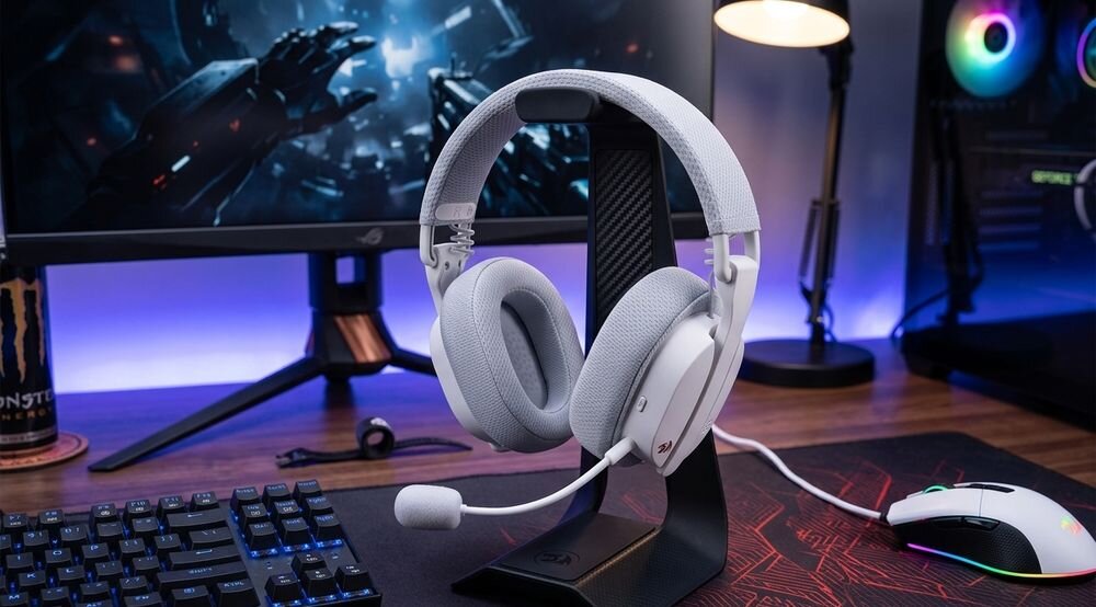 Słuchawki REDRAGON H888W Luce gamingowe nauszne bezprzewodowe Bluetooth 2.4 GHz dźwięk przestrzenny, słuchawki zawieszone na stojaku stojące na biurku gamingowym
